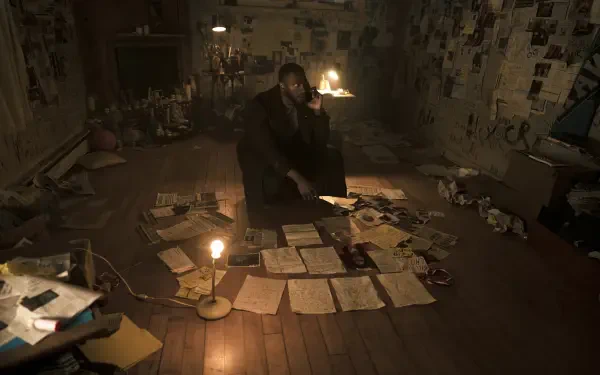 Aldis Hodge sits amidst scattered papers and photos in a dimly lit room, creating an atmospheric backdrop for the TV show Cross (2024).