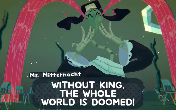 A vibrant HD wallpaper from the video game Great God Grove features Ms. Mitternacht, dramatically declaring, WITHOUT KING, THE WHOLE WORLD IS DOOMED! in a whimsical atmosphere.