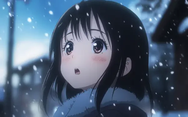 A serene winter scene featuring an animated girl gazing upwards as snow gently falls around her, captured in stunning 4K Ultra HD, perfect for a desktop wallpaper.