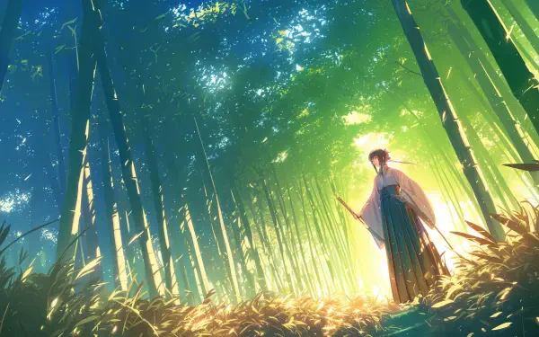 A serene anime forest scene in vibrant colors, featuring a figure standing among tall bamboo. This 4K Ultra HD wallpaper brings a tranquil atmosphere to your desktop.