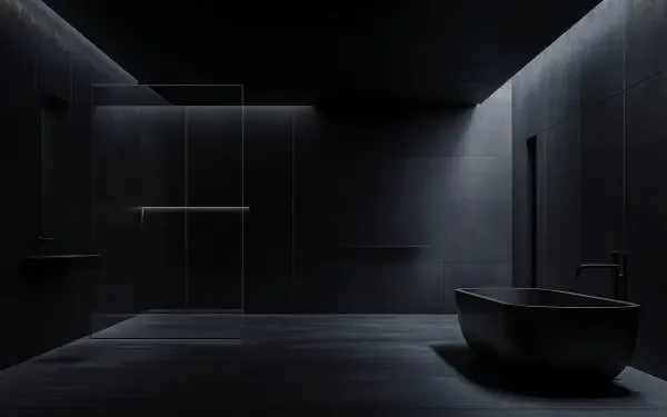 Dark minimalist bathroom with modern design features, showcasing sleek lines, a freestanding tub, and subtle lighting in a 4K Ultra HD desktop wallpaper.