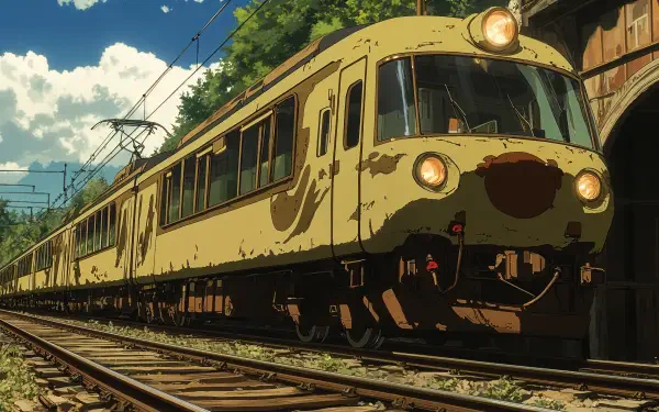 Anime train cruising along the tracks under a vibrant sky, showcased in stunning 4K Ultra HD, perfect for a desktop wallpaper or background.