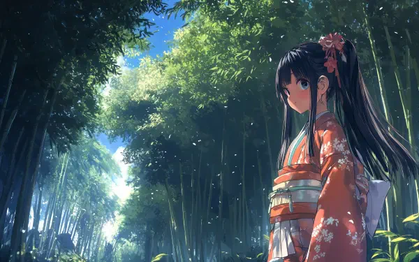 An anime girl in a vibrant kimono stands in a lush bamboo forest, surrounded by beams of sunlight, creating a serene and enchanting atmosphere. 4K Ultra HD PC desktop wallpaper.