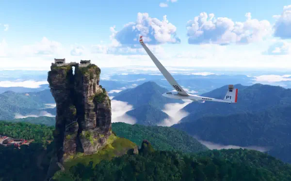 A stunning 4K Ultra HD wallpaper showcasing Microsoft Flight Simulator 2024, featuring a glider soaring above majestic mountains and unique rock formations under a vibrant sky.