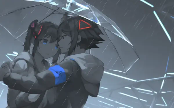 An intimate anime couple shares an umbrella in the rain, surrounded by a striking neon backdrop. This HD image serves as a captivating desktop wallpaper.