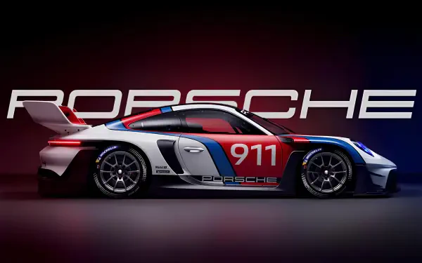 Sleek Porsche 911 GT3 sports car in a striking red, blue, and white livery, showcased in 8K Ultra HD as a sharp PC desktop wallpaper background.