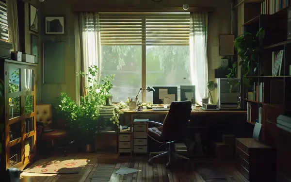 A serene home office scene featuring a wooden desk with a computer, surrounded by bookshelves and plants, illuminated by soft natural light streaming through the window. 4K Ultra HD.