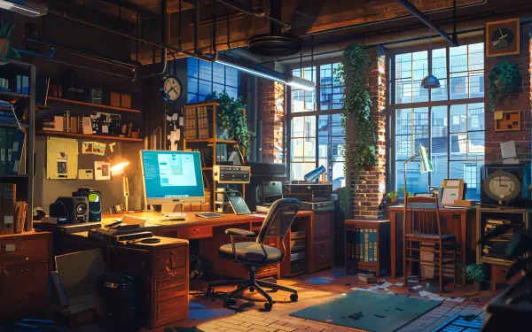 A cozy home office scene featuring wooden furniture, large windows filling the space with light, and greenery, presented as a 4K Ultra HD desktop wallpaper with a lofi aesthetic.