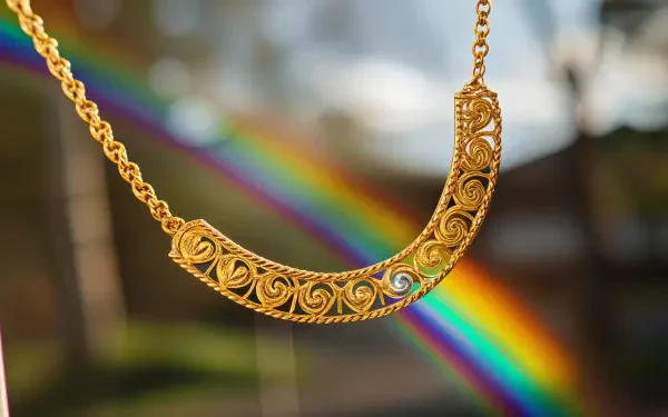 A close-up of an elegant gold necklace with intricate swirling designs, set against a vibrant rainbow background, showcasing its stunning detail and craftsmanship. 4K Ultra HD wallpaper.
