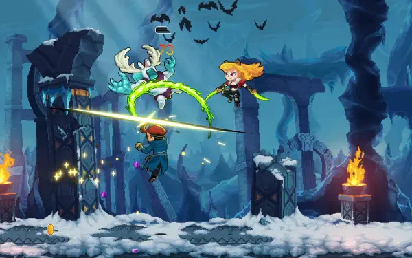 HD desktop wallpaper depicting an action scene from the video game Spirit Mancer, featuring characters engaging in battle amidst a snowy landscape and mysterious ruins.