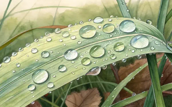 Close-up of a green leaf adorned with glistening dew droplets, set against a softly blurred background of grass and fallen leaves. A stunning 4K Ultra HD desktop wallpaper.