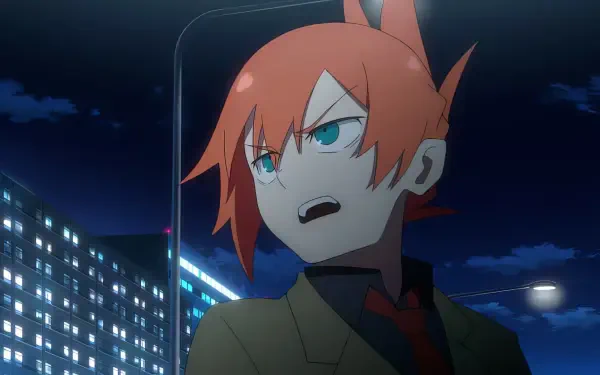 A striking anime wallpaper featuring a character with mechanical arms, set against a night cityscape illuminated by bright lights, showcasing vibrant colors and intense expression.