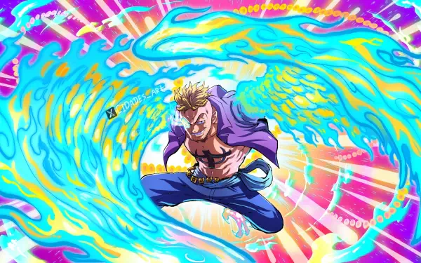 Anime One Piece wallpaper — Marco (One Piece) midair, summoning blue phoenix flame wings with vibrant rainbow energy; 2K Quad HD PC desktop background.