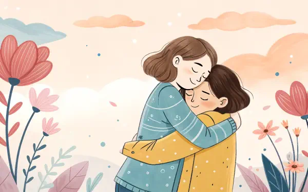 A charming illustration of two friends embracing, surrounded by colorful flowers and a soft, pastel sky, serving as a warm 4K Ultra HD wallpaper and background.