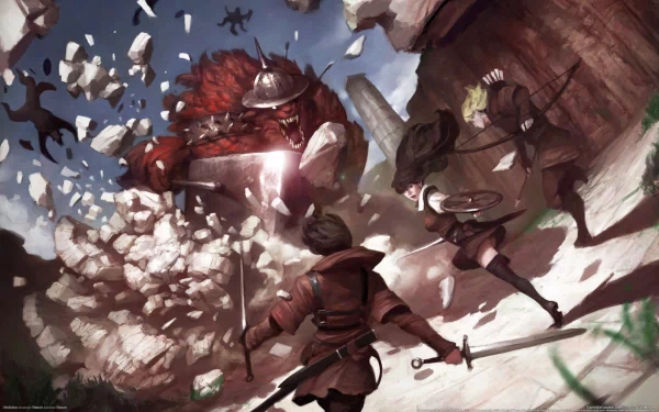 Vindictus video game 2K Quad HD PC desktop wallpaper: three warriors battle a massive armored monster as rubble and crows scatter.