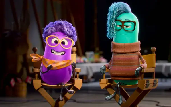 Two animated characters sit in director's chairs, featuring vibrant colors and playful expressions, in a scene from a movie by Dream Productions. HD desktop wallpaper and background.