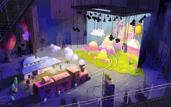 A vibrant set design for a movie by Dream Productions, featuring whimsical mountains, a colorful train, and dramatic lighting, all captured in HD for a stunning desktop wallpaper.