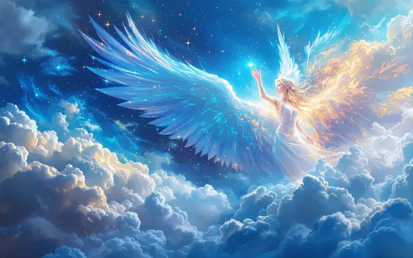 A serene angel with magnificent wings reaches out amidst a vibrant sky filled with clouds and stars, captured in stunning 4K Ultra HD for a captivating desktop wallpaper.