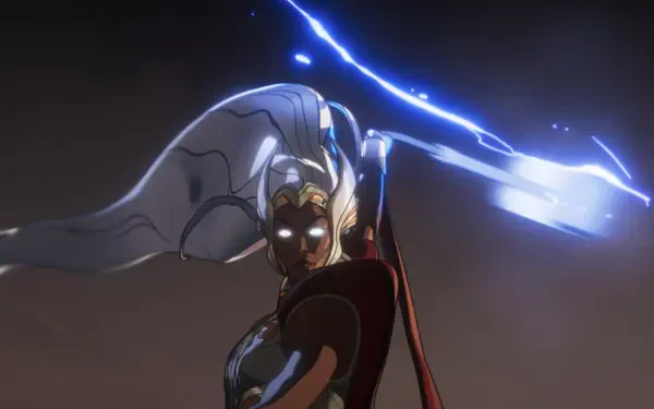 A striking HD desktop wallpaper featuring a character from the TV show What If.... wielding a weapon with dramatic lightning effects against a dark backdrop.