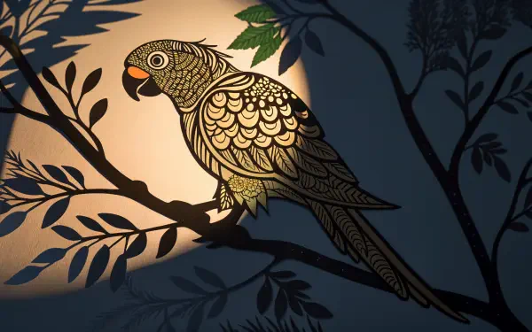 A beautifully illustrated parakeet perched on a branch, surrounded by leaves, showcased in a striking 4K Ultra HD desktop wallpaper, highlighting its vibrant colors and intricate details.