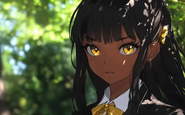 A captivating black anime girl with striking golden eyes, set against a lush green background. This 4K Ultra HD image serves as an engaging desktop wallpaper.