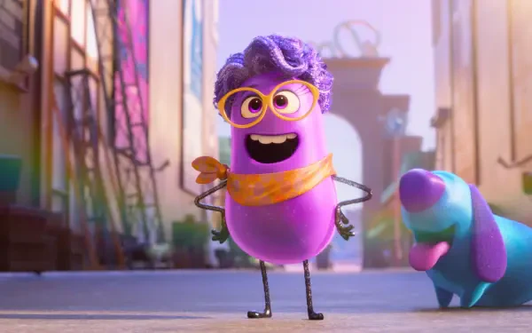 Colorful 4K Ultra HD wallpaper featuring a cheerful purple character with glasses and a scarf, accompanied by a blue dog, from a Dream Productions animated movie.