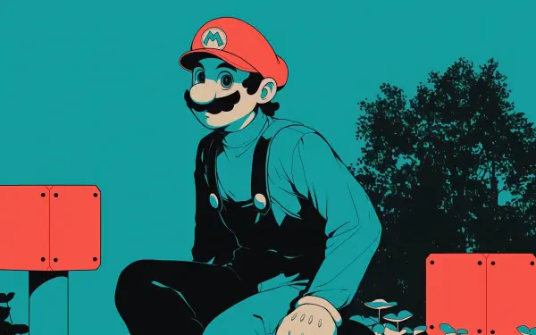 A vibrant HD wallpaper featuring Mario from Super Mario Bros, depicted in a stylized design with bold colors, set against a simple background of greenery and gaming elements.