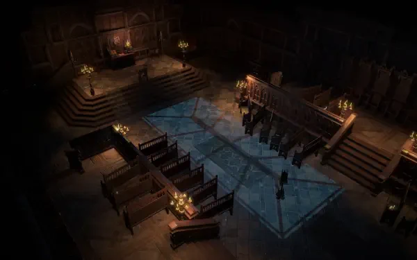 A high-definition desktop wallpaper from the video game Path of Exile 2, showcasing an atmospheric, dimly lit environment with ornate architecture and dramatic lighting.