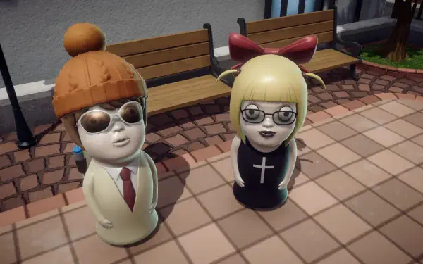 Two stylized characters from the video game Death Note: Killer Within stand on a cobblestone path, surrounded by benches and greenery, in this HD PC desktop wallpaper.