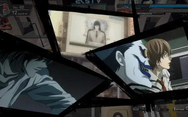 Dynamic HD wallpaper featuring scenes from the video game Death Note: Killer Within, showcasing characters in a gripping and mysterious atmosphere.