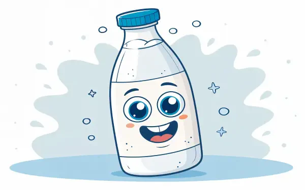 A cheerful cartoon milk bottle with big eyes and a smile, surrounded by playful bubbles on a light blue background, displayed as vibrant 4K Ultra HD wallpaper.