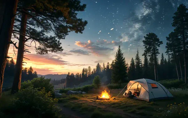 A serene tent camping scene under a starry sky, featuring a cozy campfire surrounded by trees and mountains at sunset, captured in stunning 4K Ultra HD.