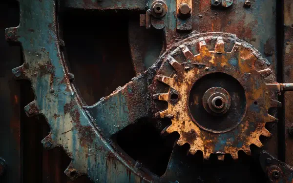 Close-up of rusty machinery with a worn gear, showcasing intricate details and textures. This image serves as a striking 4K Ultra HD PC desktop wallpaper and background.