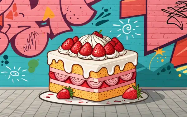 A colorful illustration of a strawberry shortcake, topped with fresh strawberries and whipped cream, set against a vibrant graffiti wall, captured in 4K Ultra HD.