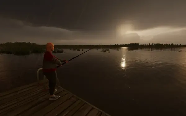 A scene from Finnish Cottage Simulator, featuring a person fishing on a dock at sunset. The tranquil lake reflects the dramatic clouds and surrounding nature, creating a serene atmosphere.