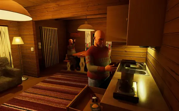 A cozy interior scene from the video game Finnish Cottage Simulator, featuring a man cooking in a warmly lit cabin with wooden walls and a rustic dining area visible in the background.