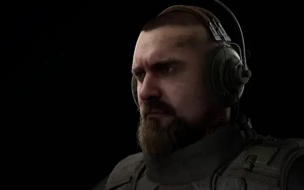 A detailed character from the video game S.T.A.L.K.E.R. 2: Heart of Chernobyl, featuring a rugged man with headphones, captured in stunning 4K Ultra HD, set against a dark background.