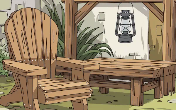 A rustic wooden chair and table sit beneath a lantern, surrounded by lush greenery, creating a serene outdoor setting. This 4K Ultra HD wallpaper captures a tranquil atmosphere.