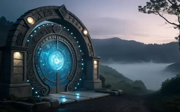 A stunning 4K Ultra HD wallpaper featuring a mystical Stargate illuminated against a serene landscape, capturing the essence of adventure and exploration.
