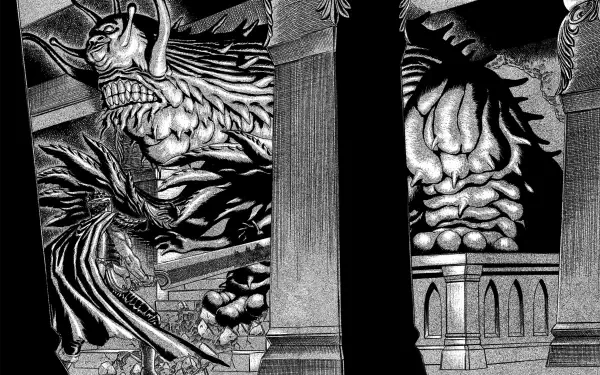 A dramatic HD wallpaper from the manga Berserk, featuring a menacing creature in an ominous setting, showcasing intricate details and powerful contrasts.