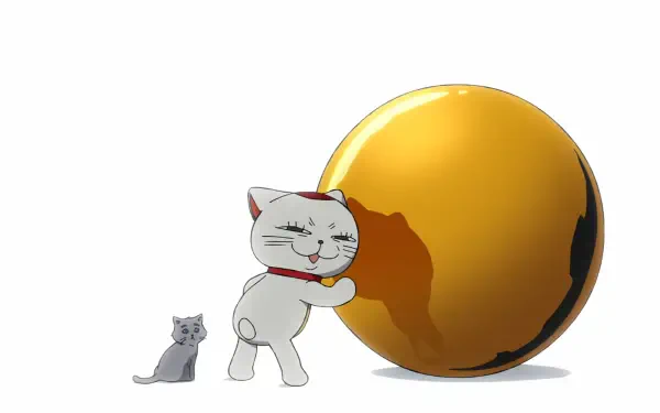 Anime-style HD desktop wallpaper featuring Turbo Granny from Dandadan, with a playful cat pushing a large, shiny golden orb on a white background.