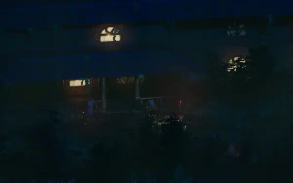 A moody HD wallpaper from the video game Enigma of Fear, featuring a dimly lit house surrounded by shadows, creating an atmosphere of suspense and intrigue.