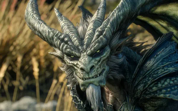 Close-up of a fierce Dragonborn monster with intricate details and powerful horns, set against a natural background, ideal for an HD PC desktop wallpaper and background.