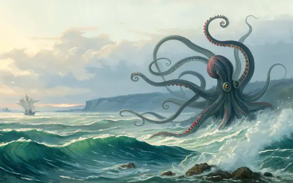 A dramatic illustration of a kraken rising from turbulent ocean waters, set against a cloudy sky, perfect for a 4K Ultra HD PC desktop wallpaper.