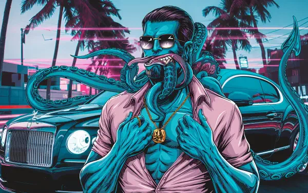 A vibrant 4K Ultra HD PC desktop wallpaper featuring a muscular man with an octopus intertwined around him, set against a sleek car and palm trees in a colorful urban backdrop.