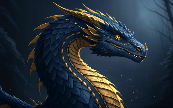 A majestic blue basilisk dragon with golden scales and sharp eyes emerges from a dark, mystical forest in this 4K Ultra HD fantasy desktop wallpaper.