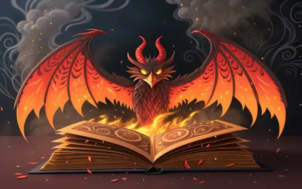 A striking 4K Ultra HD wallpaper featuring Ifrit, depicted as a majestic fiery creature emerging from an ancient book, surrounded by swirling smoke and embers.