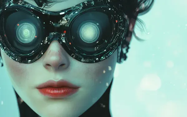A close-up of a woman cyberneticist wearing futuristic goggles, set against a soft blue background, capturing a sci-fi aesthetic in 4K Ultra HD resolution.