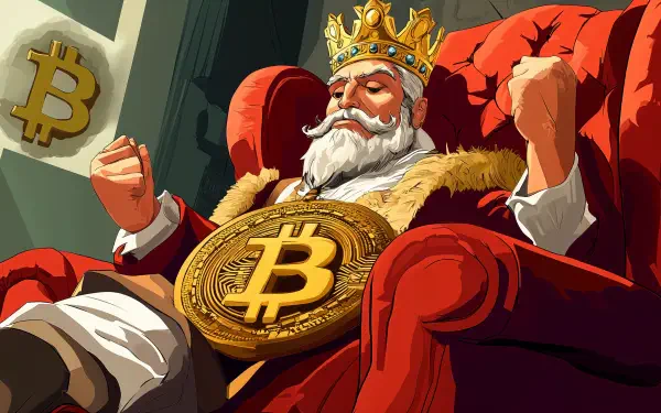 A regal figure sits on a lavish red chair, adorned with a gold Bitcoin medallion and a crown, embodying the dominance of cryptocurrency in a vibrant 4K Ultra HD wallpaper.