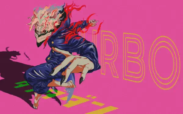 HD PC desktop wallpaper featuring a dynamic anime character from Dandadan with a skeletal mask and vibrant pink background, inspired by Ken Takakura.